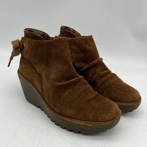 FLY London Yama Black Suede Wedge Ankle Bootie Boot  Size 35